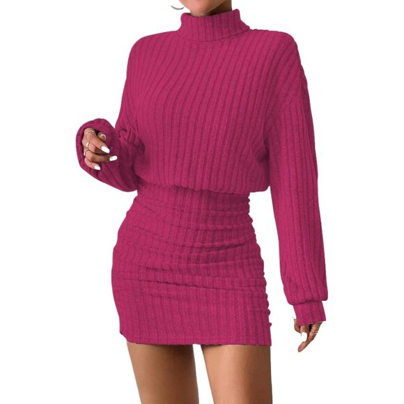Dresses & Skirts - Women Rose Pink Long Sleeve Turtle Neck Cute Ribbed Knit Pullover Sweater Dress